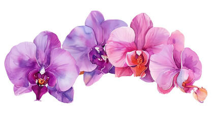 Watercolor colorful Orchid branch, hand drawn illustration isolated on a transparent background. Botanical watercolor painting for decorative invitations, posters, or cards