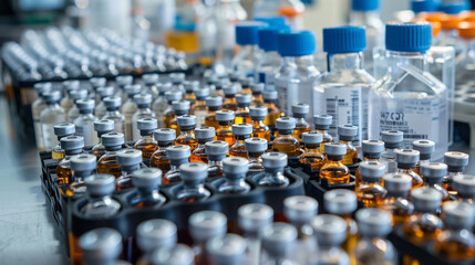 An array of different vaccine vials arranged on a laboratory bench, showcasing the variety of medical solutions and the meticulous organization in a research environment