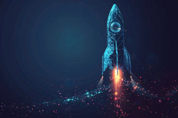 Illustration of a rocket launching with digital effects and particles on a dark background