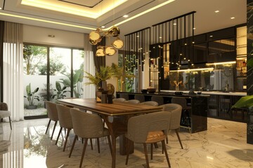 Elegant dining space boasting stylish furniture, sophisticated lighting, and greenery view