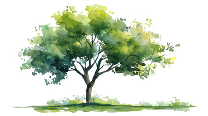 Fototapeta premium Watercolor green tree illustration isolated on transparent background for landscape and architecture drawing. Elements for environment and garden, botanical for section in spring. 