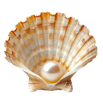 Pearl inside seashell with iridescent glow transparent background