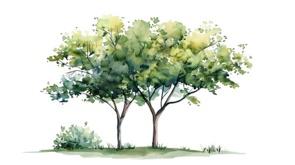 Fototapeta premium Watercolor green tree illustration isolated on transparent background for landscape and architecture drawing. Elements for environment and garden, botanical for section in spring. 