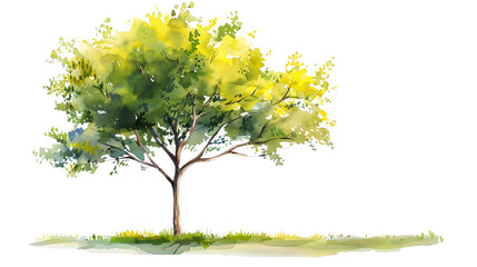 Fototapeta premium Watercolor green tree illustration isolated on transparent background for landscape and architecture drawing. Elements for environment and garden, botanical for section in spring. 