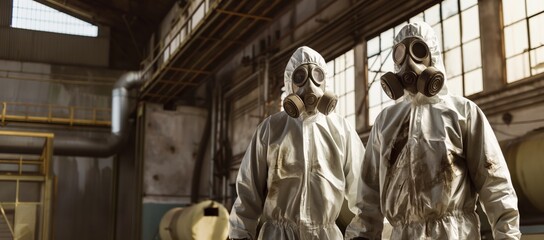 Chemical Cleaning Services, Workers in Protective Suits and Gas Masks Prepared for Industrial Tasks, Emphasizing Safety Equipment in Hazardous Environments