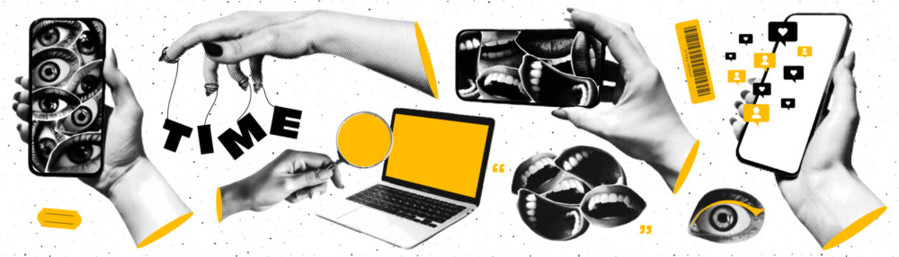 Set of contemporary cut out elements of halftone collage. Concept of social media and the world of modern technology.  Ready to use elements for your designs.