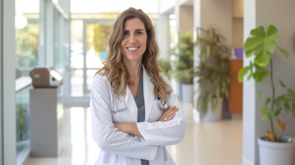 Confident female doctor in a lab coat standing in a bright, modern medical office