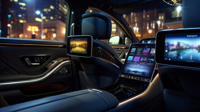 A close-up of a car dashboard with a smartphone and GPS device mounted on it, showing maps and directions. - Powered by Adobe
