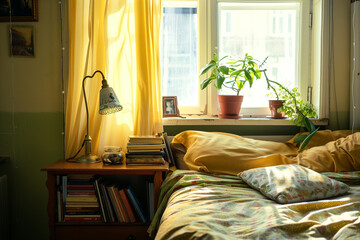 In a cozy bedroom, a soft glow emanates from a bedside lamp, casting warm shadows across a neatly made bed. A stack of well-loved books sits beside it, their spines worn from countless journeys into i