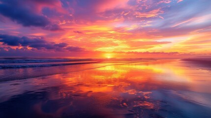Sunrise with vibrant shades of purple lighting up the sky and reflecting on the wet sand of the beach.