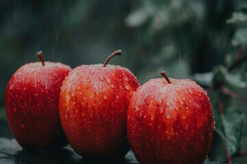 Three red apples with raindrops on a dark background. Close-up shot in rainy weather. Freshness and nature concept. Design for poster, banner, and print.