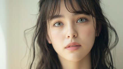 japanese girl with upturned eyes,the back ground light cream 