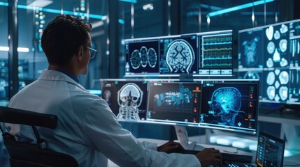 AI health diagnostics interface being used by a doctor in a clinic, futuristic medical technology.