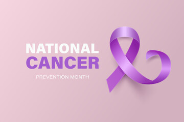 National Cancer Prevention Month, February. Banner, Card, Placard with Realistic 3D Vector Lavender Ribbon on Lavender Background. Cancer Awareness Month Symbol, Closeup. World Cancer Day Concept