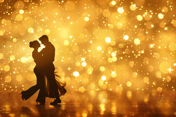 Silhouette of a couple dancing in front of a background filled with golden lights and sparkles