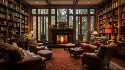  home with a library that is filled with books, comfortable chairs, and a fireplace