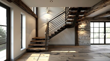 A contemporary staircase with a mix of rustic wood and modern metal elements