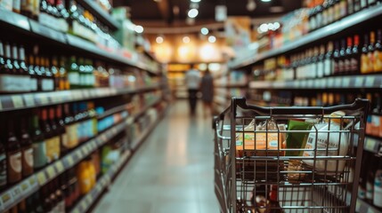 Shopping cart filled to the brim with various products and bottles of wine
