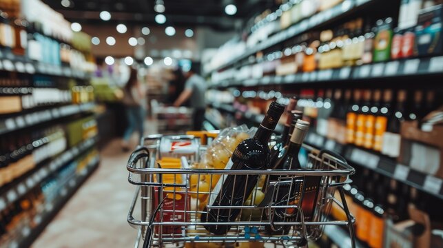 Shopping cart filled to the brim with various products and bottles of wine - Powered by Adobe
