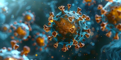 Harnessing the Immune System: A Microscopic View of Floating Viruses and Immunotherapy to Combat Diseases like Cancer. Concept Immunotherapy, Cancer Research, Virus Dynamics, Disease Combat