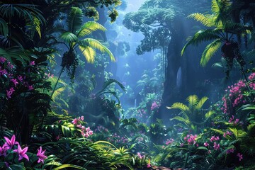 Alien jungle planet with towering trees and exotic creatures, lush greens and vibrant accents, digital painting, wild and captivating,