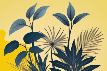 Exotic plants on yellow background, flat lay summer holiday vacation concept.