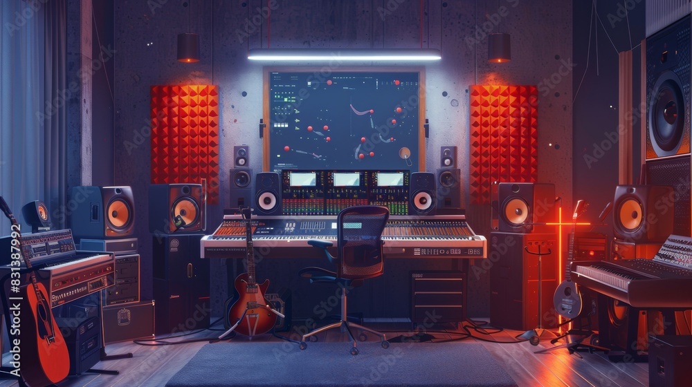Poster a bustling recording studio filled with a plethora of musical equipment, from mixers and microphones