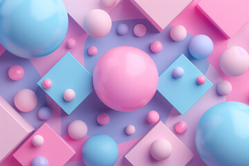 Abstract geometric background with cubes and spheres in pastel colors,