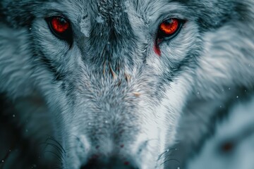 Closeup portrait of an intense redeyed canis lupus wolf in the snowy wilderness, displaying its powerful and enigmatic gaze in a chilling and haunting winter forest setting