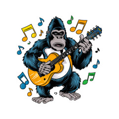 A gorilla plays guitar with energy and excitement vector illustration. Generative AI