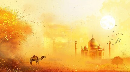 Naklejka premium Elegant fusion: abstract backdrop highlighted by a stunning golden mosque