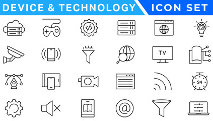 Device and technology web icons in line style. Computer monitor, smartphone, tablet and laptop. Vector illustration