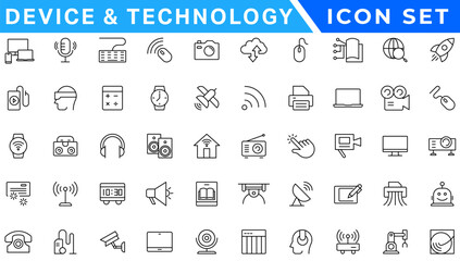 Device and technology web icons in line style. Computer monitor, smartphone, tablet and laptop. Vector illustration