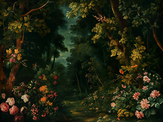 Surreal art fantasy scene secret mysterious garden of flowers and plants, peonies, tulips, roses, orchids, fruits. Baroque, renaissance style, rich colors, dramatic lighting, oil painting illustration