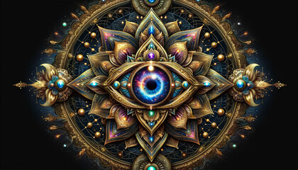 Ornate Cosmic Third Eye Chakra Representation With Luminous Galaxy-Filled Pupil And Intricate Details - AI Generated