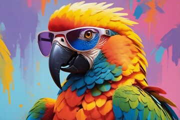 Colorful abstract portrait painting of a tropical exotic animal ara parrot bird with sunglasses, nature theme concept texture design.	
