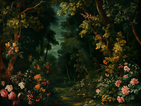 Surreal art fantasy scene secret mysterious garden of flowers and plants, peonies, tulips, roses, orchids, fruits. Baroque, renaissance style, rich colors, dramatic lighting, oil painting illustration