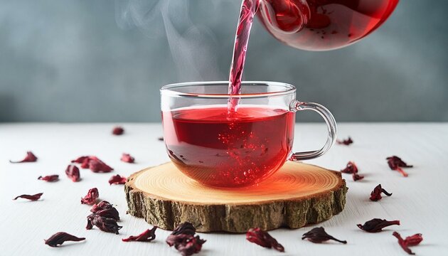 Hibiscus red tea pouring from glass teapot into cup on the wooden podium