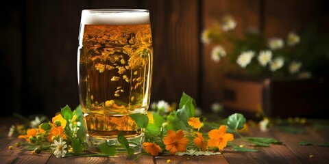 St Patrick's Day Beer Glass Adorned with Clovers for a Festive Celebration. Concept St Patrick's Day, Beer Glass, Clovers, Festive Celebration