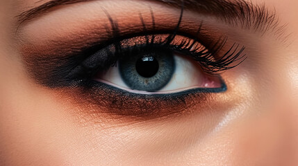 Obraz premium A woman's eye is painted with orange and blue eyeshadow.