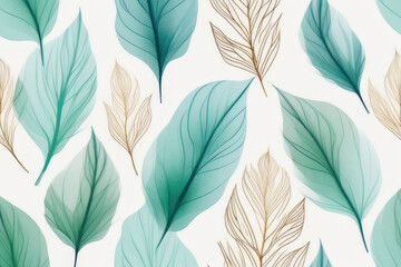 Obraz premium Artistic background with leaves wallpaper for banner design, and poster fall leaves in cool mint, seafoam green and gold colors.