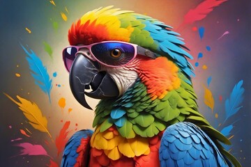 Obraz premium Colorful abstract portrait painting of a tropical exotic animal ara parrot bird with sunglasses, nature theme concept texture design. 