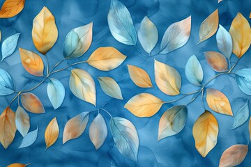 A pattern of blue and yellow leaves on blue fabric in a watercolour style