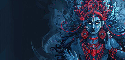 Indian Goddess Kali Illustration with Blue and Red Accents.