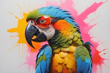 Obraz premium Colorful abstract portrait painting of a tropical exotic animal ara parrot bird with sunglasses, nature theme concept texture design. 