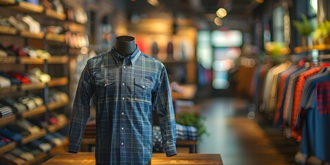 Obraz premium Mannequin displays stylish cotton mens shirt in a clothing store. Concept Visual Merchandising, Men's Fashion, Retail Display, Clothing Style, Store Presentation