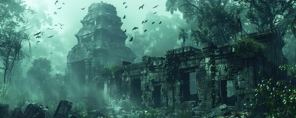 Ancient ruins in a dense jungle with mist and exotic birds, muted tones, realistic, digital painting, mysterious and atmospheric,