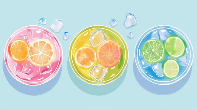 Refreshing summer drinks with orange, lemon and lime slices.