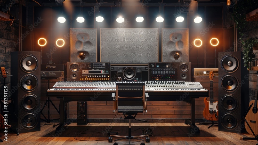 Aufkleber a recording studio pulsating with a plethora of sound equipment, creating a symphony of musical poss