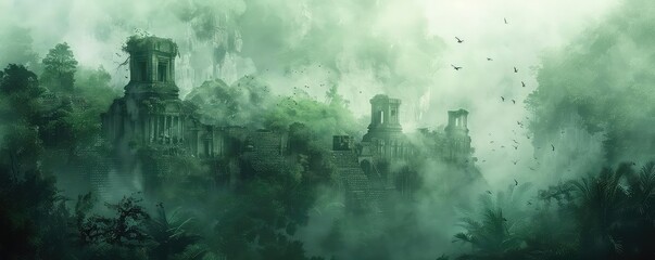 Ancient ruins in a dense jungle with mist and exotic birds, muted tones, realistic, digital painting, mysterious and atmospheric,